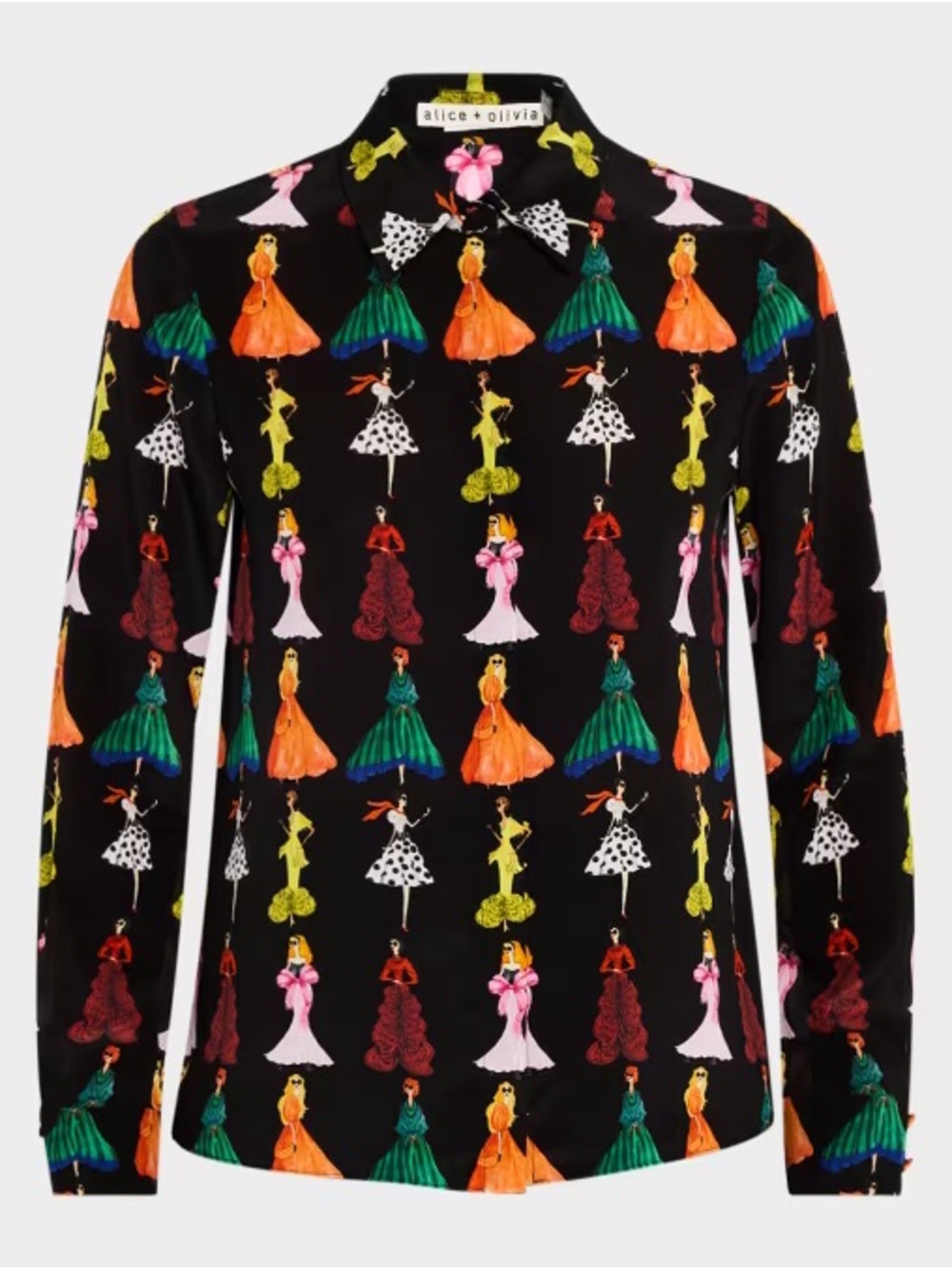 Alice + Olivia Black Button-Down Blouse with Multicolor Fashion-Figure Print - Picture 2 of 5